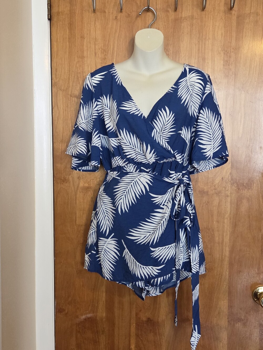 SHEIN Navy and White Palm-Print Wrap Romper